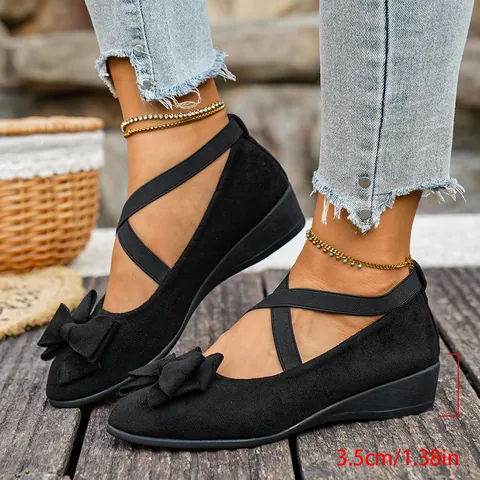 Women Wedge Loafers Casual Comfort Shoes With Bowknot Cross Strap Suede Like PU Fashion Flat Sole Wedge Shoes For Women Daily Wear