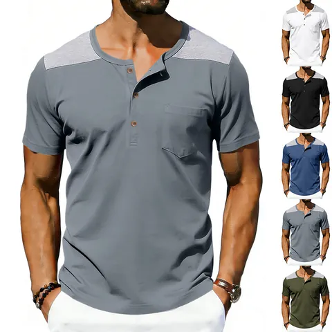 Men's American Vintage Henley Shirt Heavyweight Contrast Color Patchwork Short Sleeve T-Shirt Loose Breathable Pocket Top