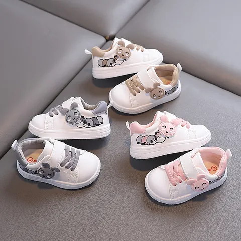 Toddler Soft Sole Walking Shoes Anti-slip White Sneakers For 1-3 Years Old Kids Cartoon Caterpillar Hook-and-loop Synthetic Leather First Walkers Casual Shoes