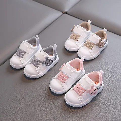 Toddler Soft Sole Walking Shoes Anti-slip White Sneakers For 1-3 Years Old Kids Cartoon Caterpillar Hook-and-loop Synthetic Leather First Walkers Casual Shoes