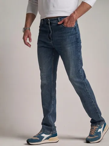 Men's Loose Straight Leg Denim Jeans Autumn Winter Cotton Washed Mid Waist Plus Size Casual Straight Trousers For Men