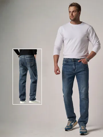 Men's Loose Straight Leg Denim Jeans Autumn Winter Cotton Washed Mid Waist Plus Size Casual Straight Trousers For Men