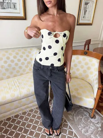 Women Polka Dot Bandeau Crop Top Sexy Cutout Lace-up Slim Fit Strapless Top Summer Fashion Streetwear Polyester Clothing