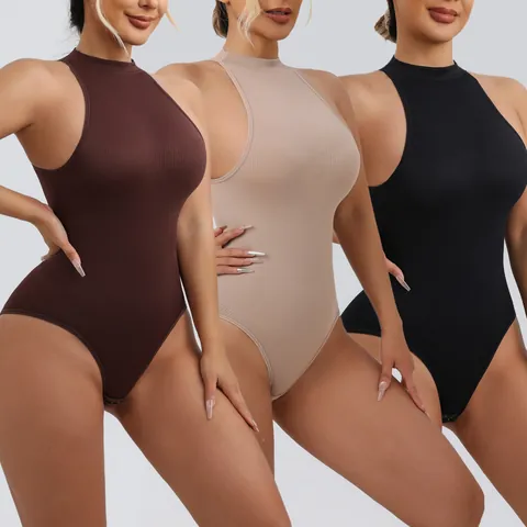 Women High Elastic Ribbed Bodysuit Tummy Control Shapewear Sleeveless Halter Mock Neck Slim Fit Body Shaper Top With Buckle