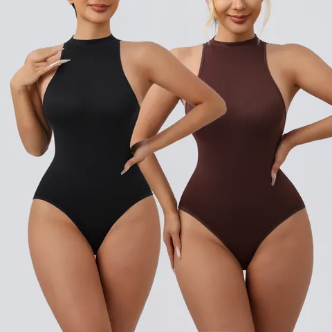 Women High Elastic Ribbed Bodysuit Tummy Control Shapewear Sleeveless Halter Mock Neck Slim Fit Body Shaper Top With Buckle