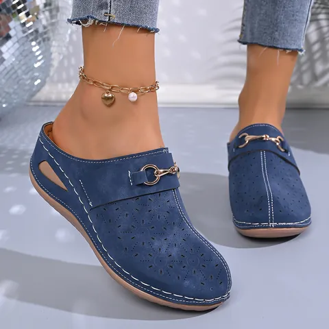 Women's Wedge Mules Platform Clogs Hollow Out Floral Round Toe Sandals Retro Horsebit Buckle Casual Summer Shoes Big Size