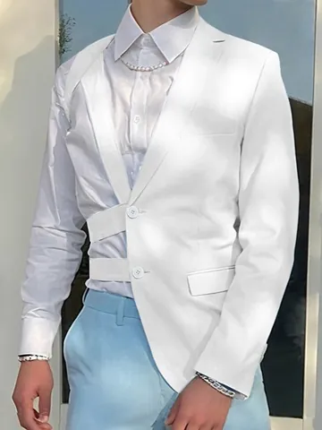 Heren Mode Runway Stijl Opengewerkt Kruislings Riemen Blazer Jack Asymmetrisch Slim Fit Casual Westers Pak Top Voor Heren
