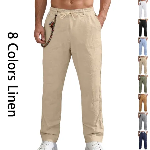 Men Casual Linen Blend Loose Straight Leg Pants Drawstring Waist Minimalist Solid Color Fashion Breathable Trousers