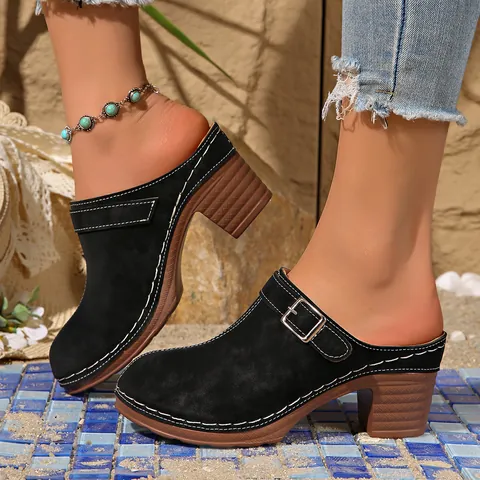 Women Retro Suede Clogs Mules Block Heel Closed Toe Platform Sandals With Metal Buckle Summer Casual Slip On Shoes