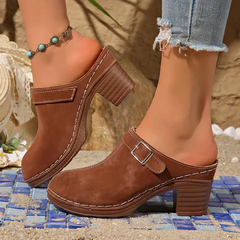 Women Retro Suede Clogs Mules Block Heel Closed Toe Platform Sandals With Metal Buckle Summer Casual Slip On Shoes