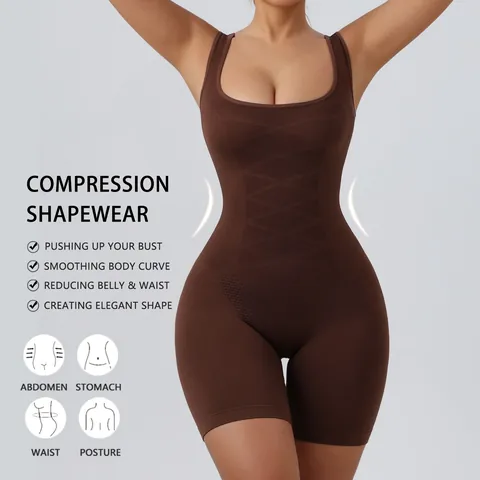 Women Plus Size Seamless Bodysuit Shapewear Tummy Control Butt Lifter Wide Strap Mid Thigh Bodysuit Shapewear For Recovery