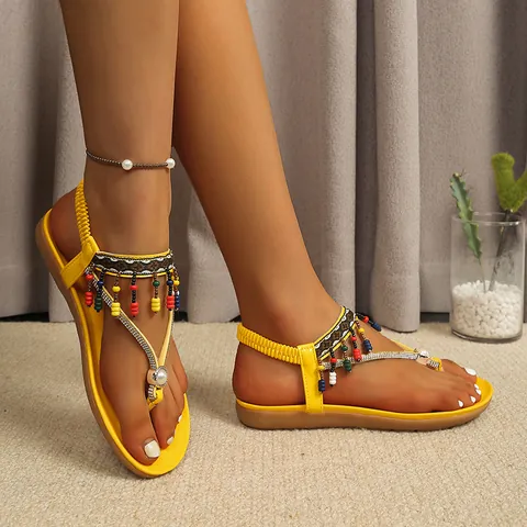 Sandali Infradito Bohemian con Perline e Strass da Donna Infradito Piatti da Spiaggia con Cinturino Elastico Posteriore Scarpe Estive Etniche in Ecopelle
