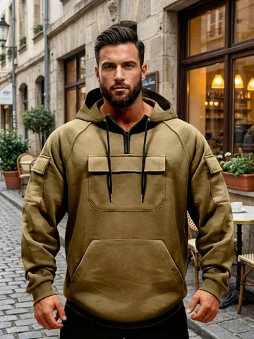 Men's Casual Tactical Hooded Sweatshirt Winter Warm Solid Color Patchwork Multi-Pocket Half-Zip Drawstring Pullover Top