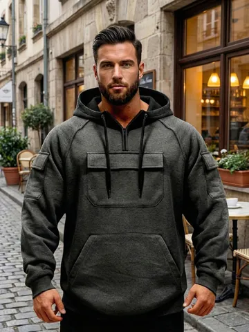 Men's Casual Tactical Hooded Sweatshirt Winter Warm Solid Color Patchwork Multi-Pocket Half-Zip Drawstring Pullover Top