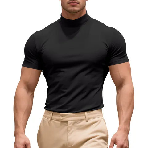 Men Mock Neck Short Sleeve T-Shirt Polyester Spandex Muscle Fit Fashion Solid Color Tight Undershirt Summer Casual Base Layer Top