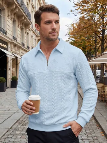 Men Half Zip Polo Shirt Jacquard Patchwork Cable Knit Long Sleeve Casual Lapel Polyester Pullover Top For Spring Autumn