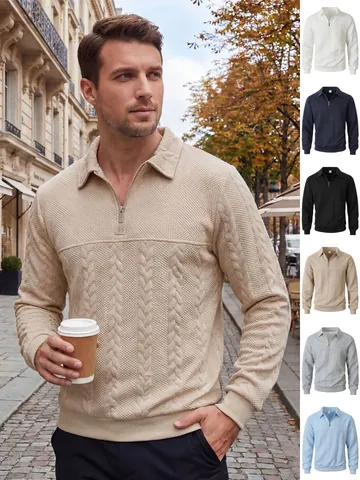Men Half Zip Polo Shirt Jacquard Patchwork Cable Knit Long Sleeve Casual Lapel Polyester Pullover Top For Spring Autumn