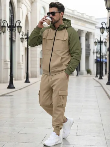 Men Autumn Winter Fleece Casual Sporty Top And Bottom Hoodie Jacket And Multi-pocket Cargo Pants American Tracksuit