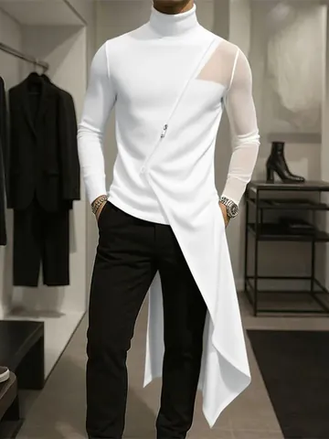 Herren Gothic Stehkragen Langarm T-Shirt Slim Fit Asymmetrischer Saum Diagonaler Reißverschluss Netz-Patchwork Longline Top