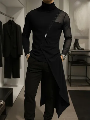 Herren Gothic Stehkragen Langarm T-Shirt Slim Fit Asymmetrischer Saum Diagonaler Reißverschluss Netz-Patchwork Longline Top