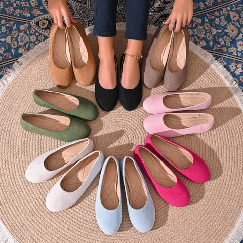 Scarpe Basse da Donna a Punta Arrotondata in Scamosciato Stile Coreano Minimalista Scollatura Ballerine Scarpe Comode Quotidiane