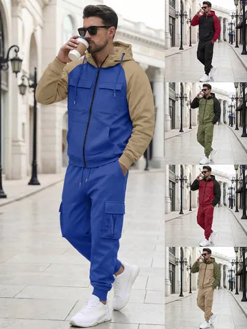 Men Autumn Winter Fleece Casual Sporty Top And Bottom Hoodie Jacket And Multi-pocket Cargo Pants American Tracksuit
