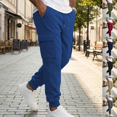 Men's American Style Fleece Lined Cargo Pants Warm Multi-Pocket Drawstring Jogger Bottoms For Autumn Winter Casual Clothing