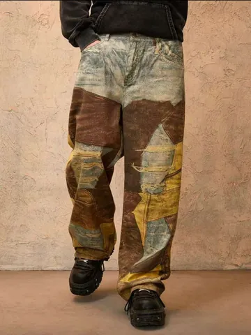 Pantaloni Jeans da Uomo in Denim Larghi Dritti ad Alta Moda con Patchwork di Tintura di Fango Strappati Stampa Digitale 3D