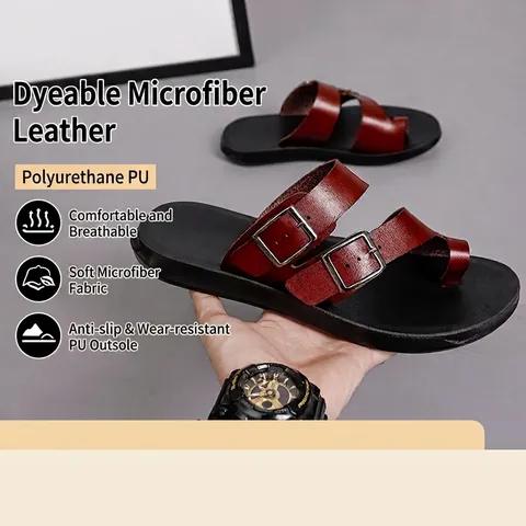 Men Casual Outdoor Flip-flops Microfiber PU Leather Toe-Loop Beach Sandals Non-Slip Lightweight Wear-Resistant Summer Fashion Shoes
