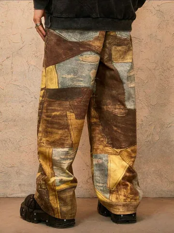 Pantaloni Jeans da Uomo in Denim Larghi Dritti ad Alta Moda con Patchwork di Tintura di Fango Strappati Stampa Digitale 3D