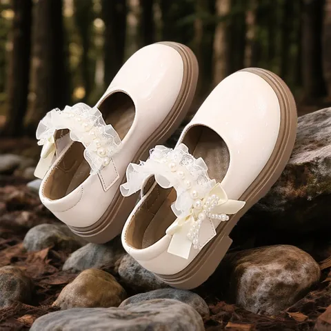 Girls British Style Patent Leather Mary Jane Shoes Princess Lace Artificial Pearl Bow Loafers For Party School Performance Flats