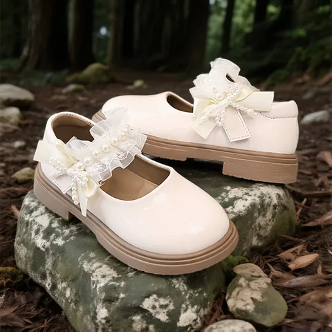 Girls British Style Patent Leather Mary Jane Shoes Princess Lace Artificial Pearl Bow Loafers For Party School Performance Flats
