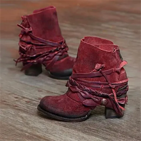 Botines de Gamuza Bohemios Retro para Mujer Tacón Grueso Punta Redonda Cremallera Trasera Botas de Invierno con Borlas