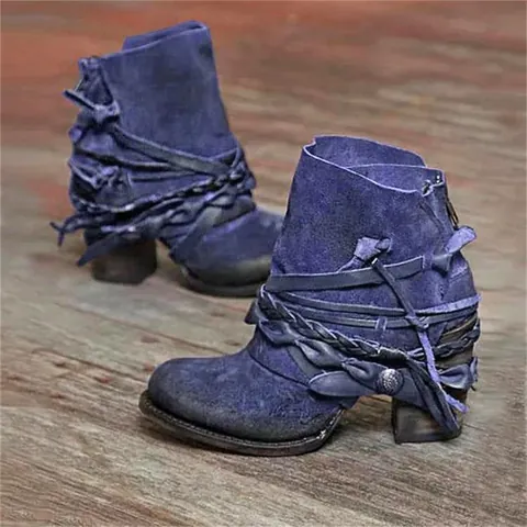 Botines de Gamuza Bohemios Retro para Mujer Tacón Grueso Punta Redonda Cremallera Trasera Botas de Invierno con Borlas