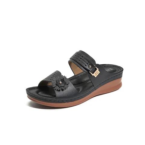 Sandales Compensées Vintage pour Femmes Décoration de Fleurs 3D Cuir PU Sabots Confortables à Plateforme Antidérapants Respirants Chaussons de Plage Décontractés
