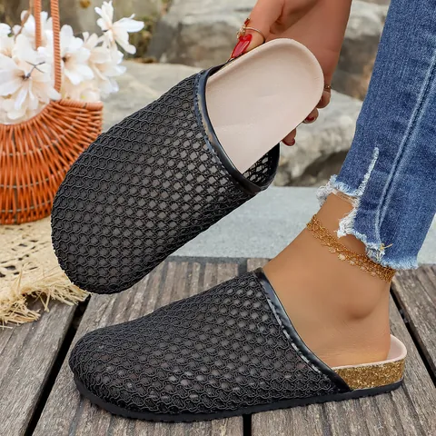 Women Woven Mesh Closed Toe Mules Flat Sandals Retro Roman Breathable Hollow Out Summer Beach Vacation Slippers For Outdoor Daily Wear