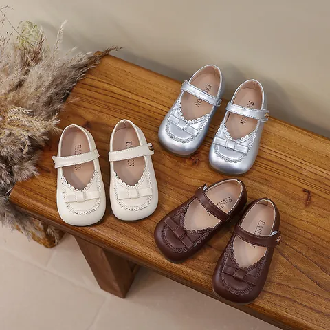 Korean Style Girls Mary Jane Princess Shoes With Bow Scalloped Edges Soft Sole Non-Slip Toddler Party Wedding Dress Shoes