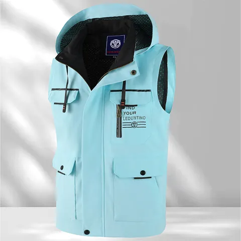 Men's Casual Multi Pocket Hooded Vest Lightweight Waterproof Outdoor Workwear Sleeveless Jacket