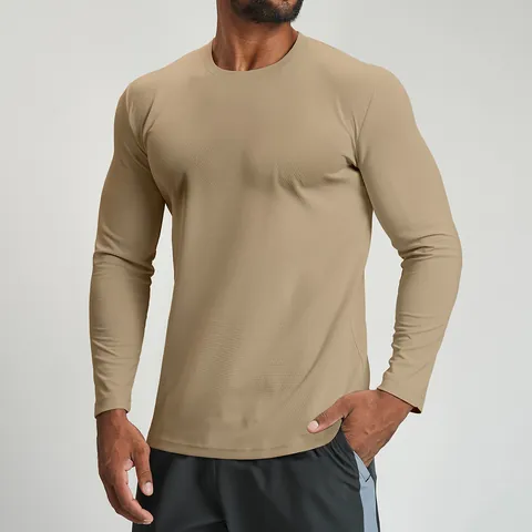 Men's Quick Dry Long Sleeve Sports T-Shirt Breathable Polyester Round Neck Hiking Fitness Top European Size