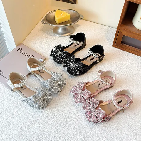 Girls Rhinestone Princess Sandals Soft Sole Big Bowknot Artificial Pearl Dress Shoes For Toddler Performance Party