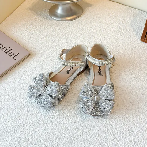 Girls Rhinestone Princess Sandals Soft Sole Big Bowknot Artificial Pearl Dress Shoes For Toddler Performance Party