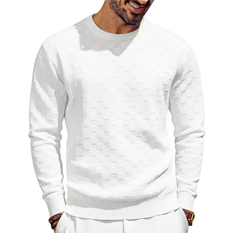 Men Heavyweight American Style Loose Casual Checkerboard Terry Jacquard Crewneck Long Sleeve Sweatshirt Top Pullover Casual Wear