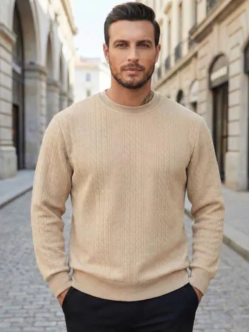 Men's Jacquard Sweatshirt Long Sleeve Round Neck Casual European Style Thickened Polyester Top Ribbed Cuffs Cable Knit Autumn Fashion