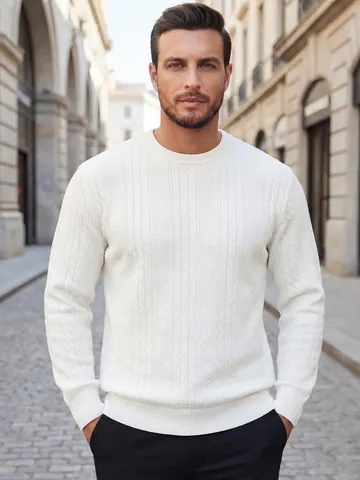 Men's Jacquard Sweatshirt Long Sleeve Round Neck Casual European Style Thickened Polyester Top Ribbed Cuffs Cable Knit Autumn Fashion