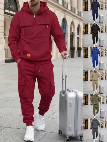 Men Autumn Winter Hooded Tracksuit Set Casual Thickened Half Zip Sweatshirt And Cargo Pants Multi Pocket Outdoor Sportswear