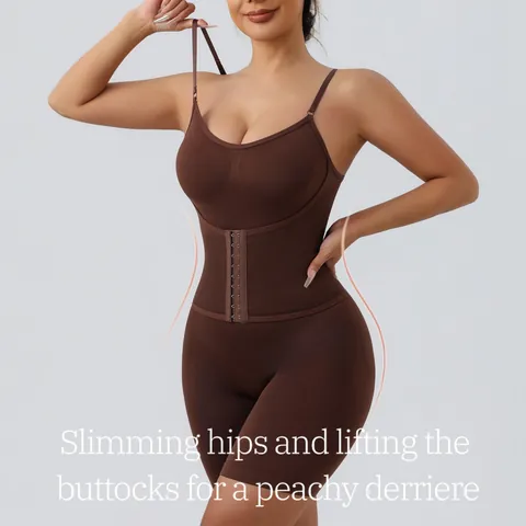 Women High Elasticity Tummy Control Bodysuit Shapewear With Hook And Eye Closure Adjustable Straps Butt Lifting Seamless Body Shaper