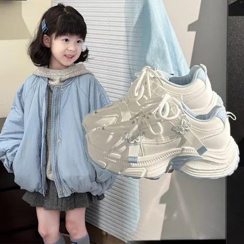 Girls Butterfly Chunky Dad Shoes Sweet Korean Style Blue White Thick Sole Student Sports Casual Sneakers For School Teens