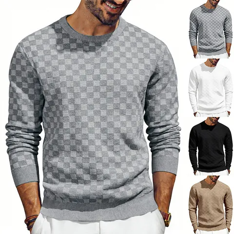 Men Heavyweight American Style Loose Casual Checkerboard Terry Jacquard Crewneck Long Sleeve Sweatshirt Top Pullover Casual Wear