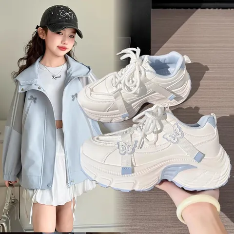 Girls Butterfly Chunky Dad Shoes Sweet Korean Style Blue White Thick Sole Student Sports Casual Sneakers For School Teens