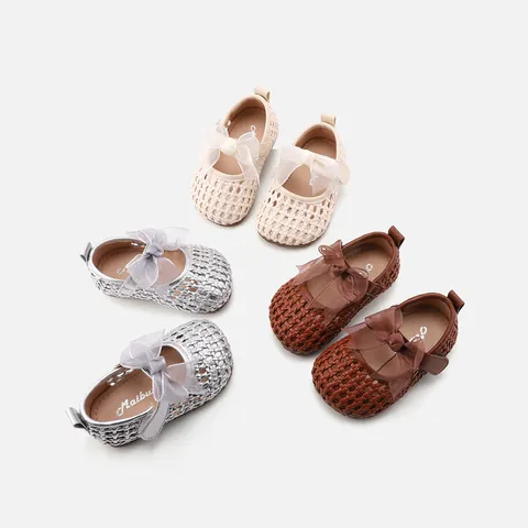 Toddler Girls Princess Shoes Soft Sole Anti-Slip Pre-Walker Shoes Hollow Out Microfiber Leather Lace Bow First Walkers